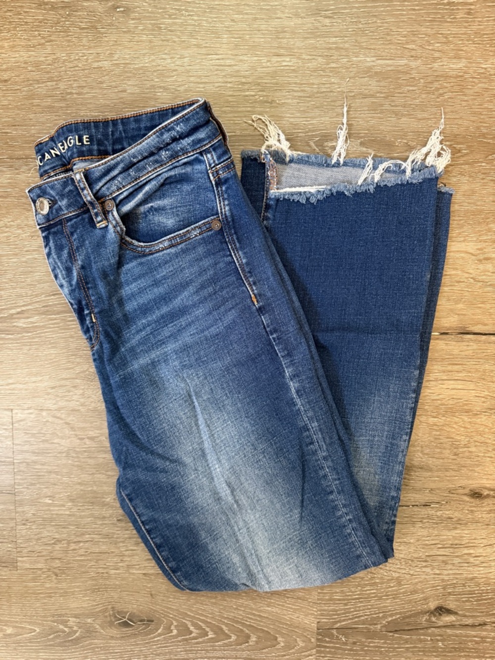 American Eagle Super Stretch Dark Wash Distressed Hi-Rise Crop Flare Jeans